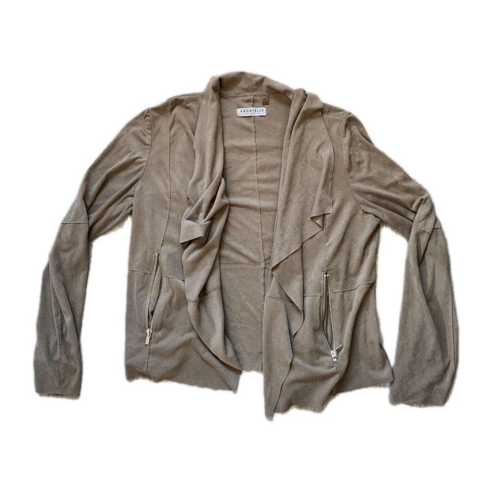 Bagatelle Faux Suede Waterfall Drape Front Moto Jacket Green Gray Sz L GUC
